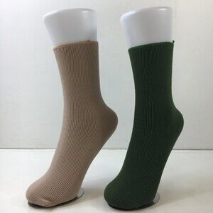 Womens Crew Socks Set 2 Ribbed Solid Beige Green